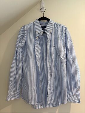 Tommy Hilfiger Blue and White Striped Button-Down Shirt